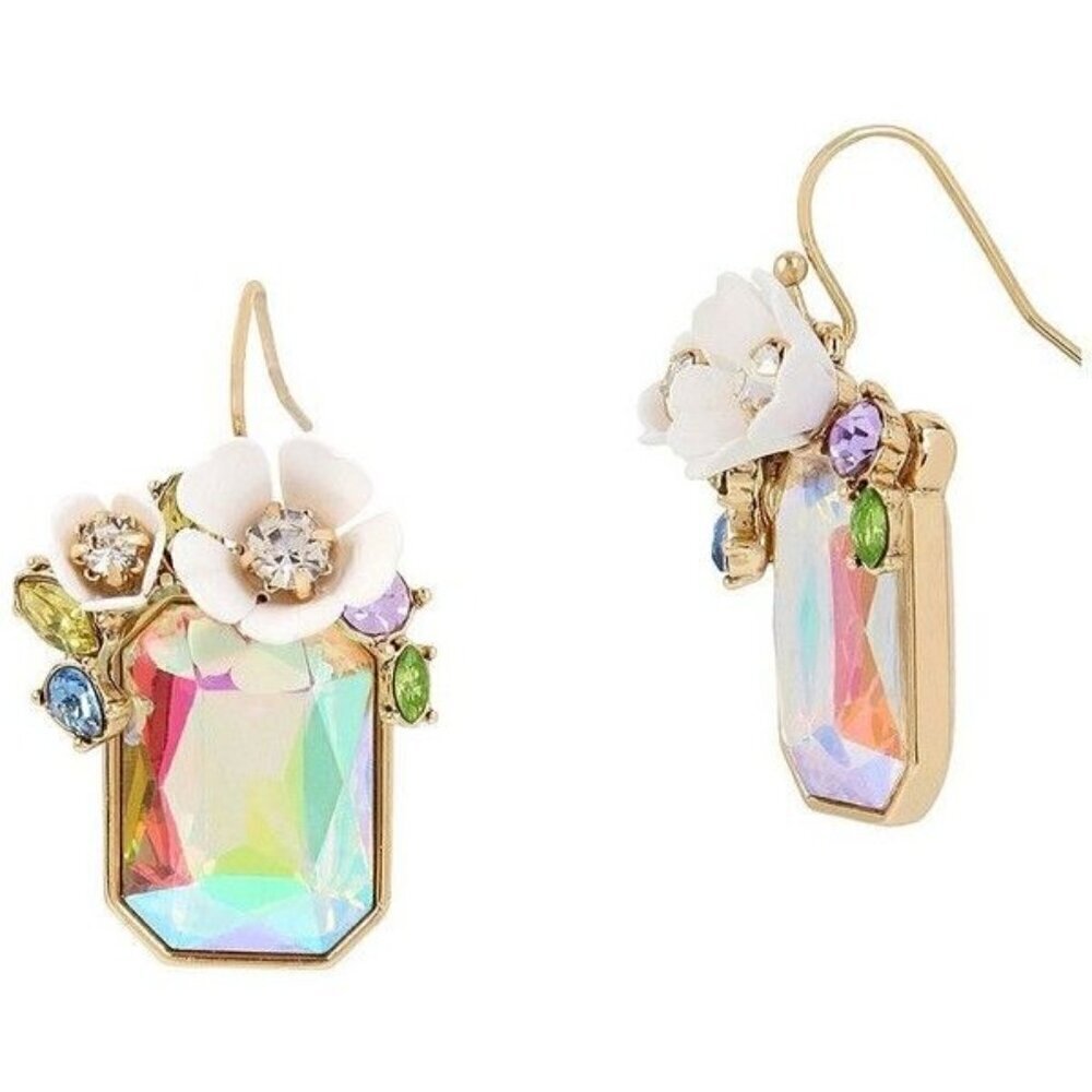 Betsey Johnson Flower Cluster Aurora Borealis AB Drop Pierced Earrings 1.75"